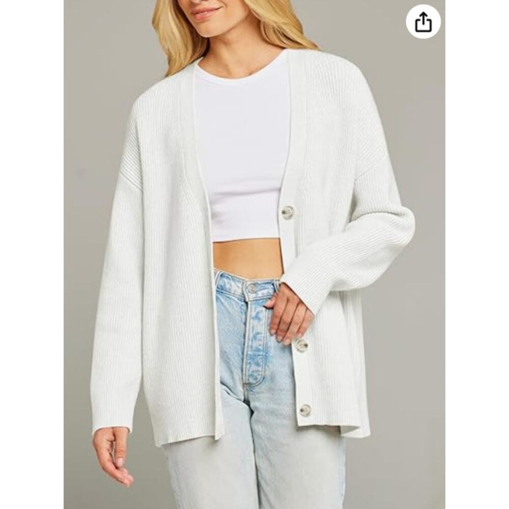 Merokeety White Ribbed Knit Oversized Cardigan Sweater V Neck Size L